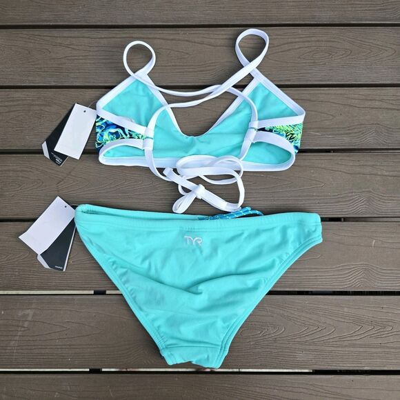 TYR Womens Durafast Floral Malibu Tieback Top & Seafoam Bikini Sz S New - Picture 2 of 3